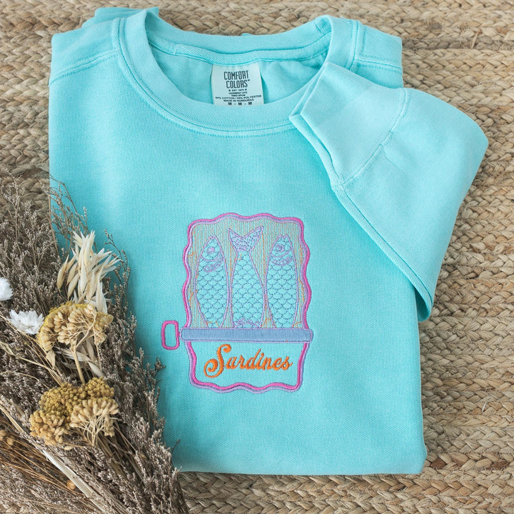 Embroidered Sardines Sweatshirt Comfort Colors® Fleece Crewneck, French Summer Sweatshirt, Garment-Dyed Vintage Sweatshirt, SAR-120-C