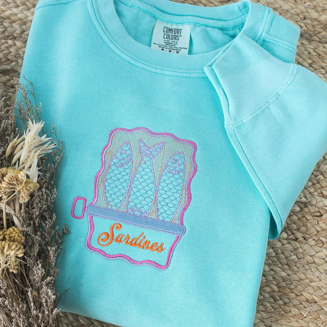 Embroidered Sardines Sweatshirt Comfort Colors® Fleece Crewneck, French Summer Sweatshirt, Garment-Dyed Vintage Sweatshirt, SAR-120-C
