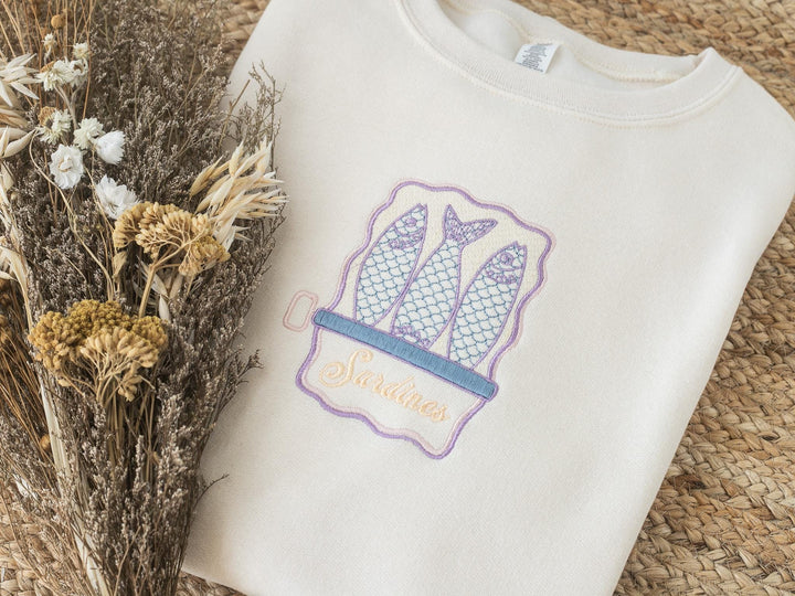 Embroidered Sardines Sweatshirt, Embroidered Crewneck Sweatshirts Women, Trendy Summer Crewneck, French Summer Trendy Sweatshirt, SSAR-120-C