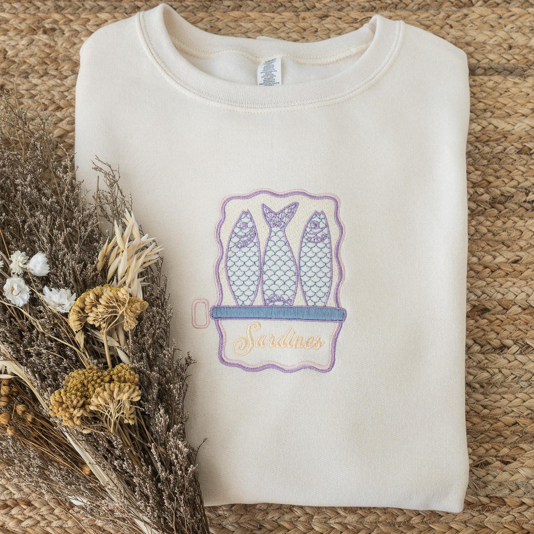 Embroidered Sardines Sweatshirt, Embroidered Crewneck Sweatshirts Women, Trendy Summer Crewneck, French Summer Trendy Sweatshirt, SSAR-120-C