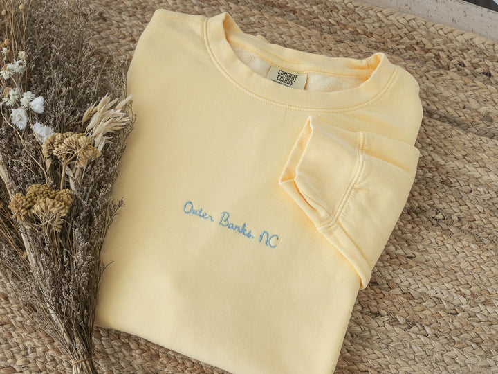 Embroidered Outer Banks Sweatshirt Comfort Colors® Fleece Crewneck, Summer Sweatshirt, Garment-Dyed Vintage Sweatshirt, OUT-120-C