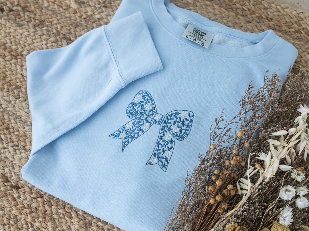 Embroidered Blue Coquette Bow Sweatshirt Comfort Colors® Fleece Crewneck, Ribbon Sweatshirt, Garment-Dyed Vintage Sweatshirt, ZTN-97-C