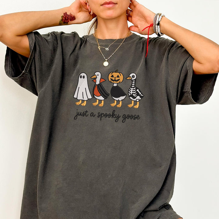 Embroidered Spooky Goose Comfort Colors T-shirt, Halloween T-shirt, Trendy Fall T-shirt, Halloween Tee Cute Fall Goose Halloween JUP-196-C