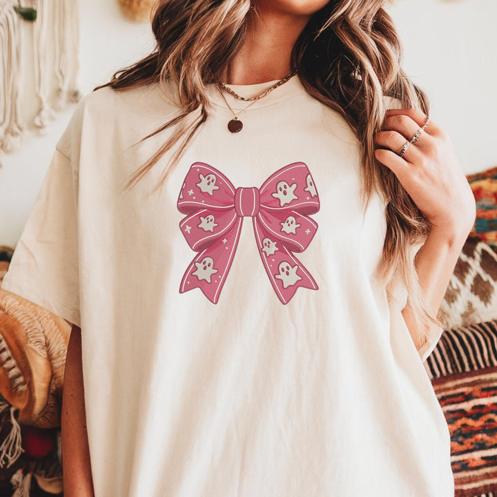 Embroidered Coquette Ribbon Ghost Comfort Colors T-shirt, Halloween T-shirt, Trendy Fall T-shirt, Cute Ghost Halloween T-shirt, BOGO-196-C