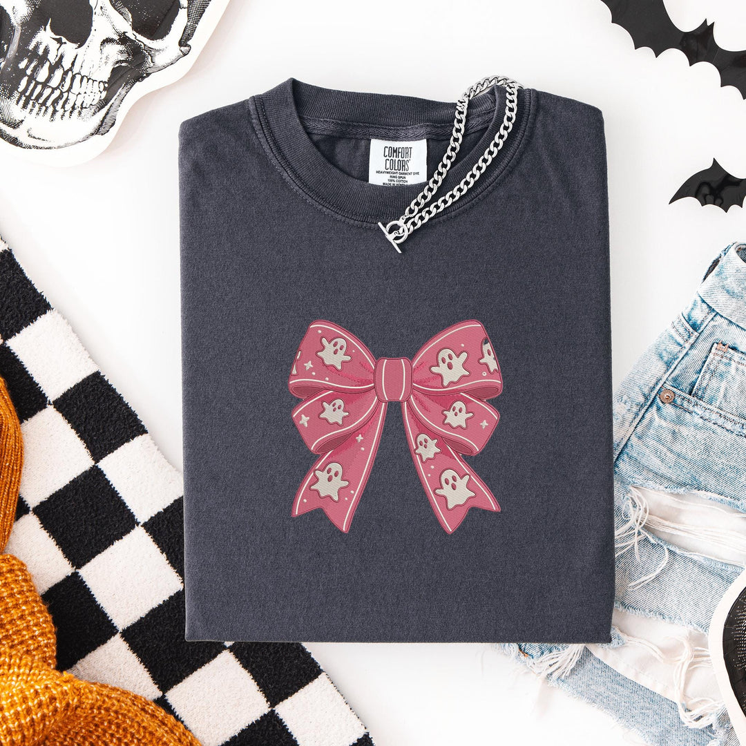 Embroidered Coquette Ribbon Ghost Comfort Colors T-shirt, Halloween T-shirt, Trendy Fall T-shirt, Cute Ghost Halloween T-shirt, BOGO-196-C