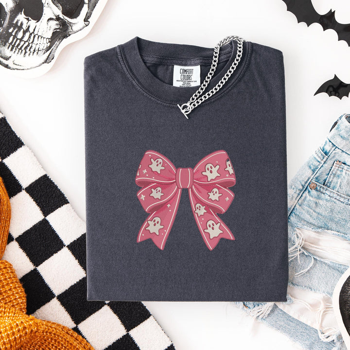 Embroidered Coquette Ribbon Ghost Comfort Colors T-shirt, Halloween T-shirt, Trendy Fall T-shirt, Cute Ghost Halloween T-shirt, BOGO-196-C