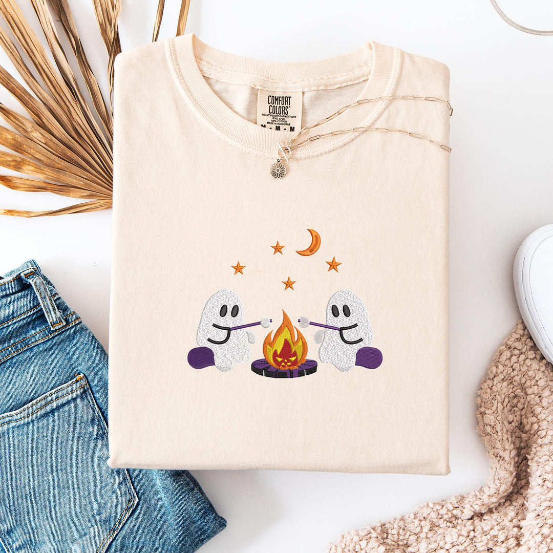 Embroidered Camping Ghosts Comfort Colors T-shirt, Halloween T-shirt, Trendy Fall T-shirt, Halloween Tee Cute Fall Halloween CAGO-120-C