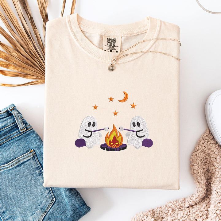 Embroidered Camping Ghosts Comfort Colors T-shirt, Halloween T-shirt, Trendy Fall T-shirt, Halloween Tee Cute Fall Halloween CAGO-120-C