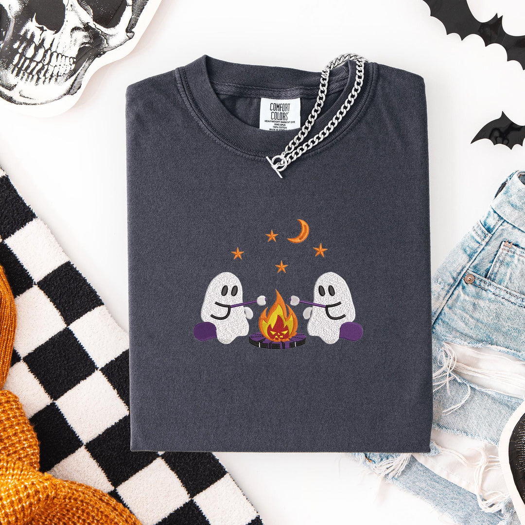 Embroidered Camping Ghosts Comfort Colors T-shirt, Halloween T-shirt, Trendy Fall T-shirt, Halloween Tee Cute Fall Halloween CAGO-120-C