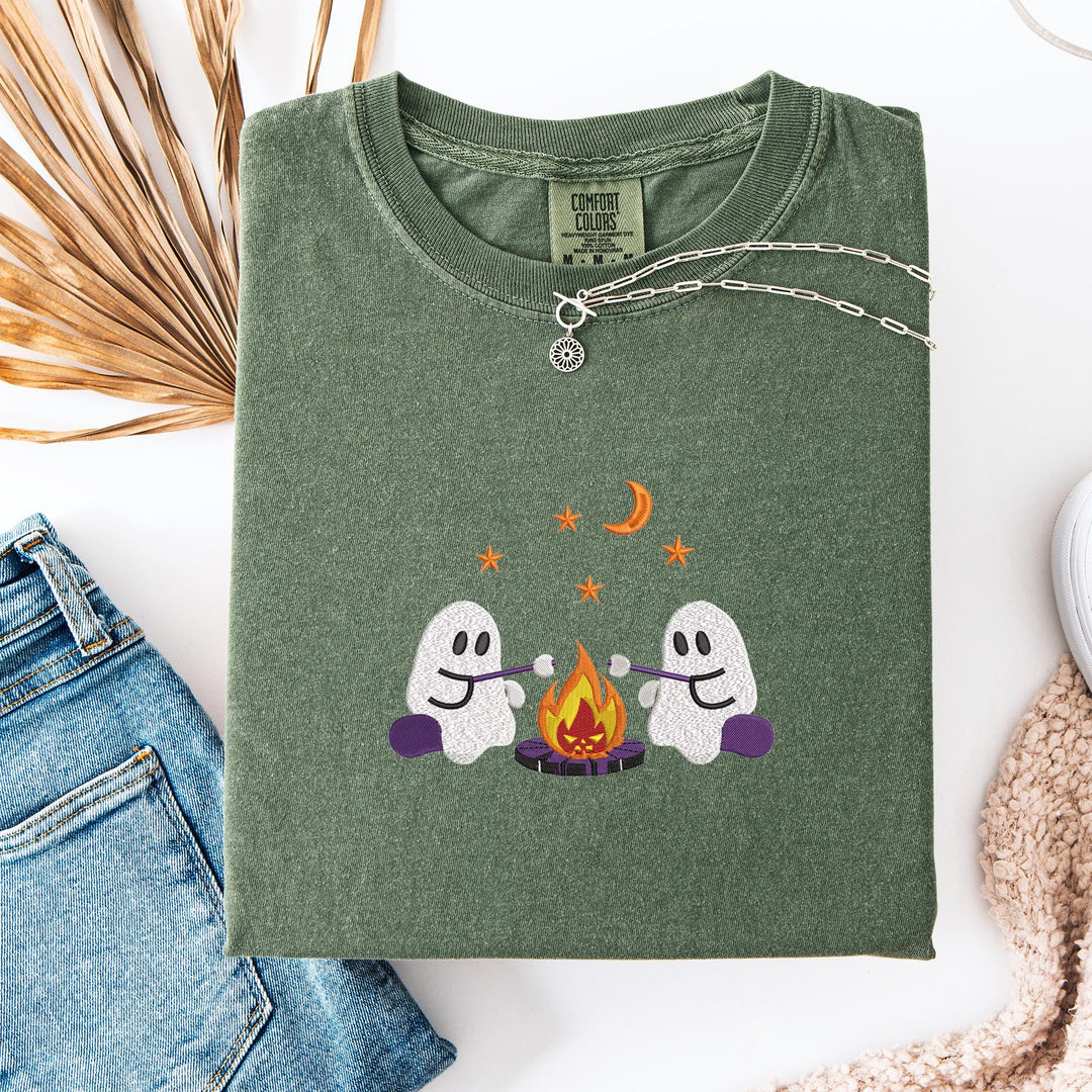 Embroidered Camping Ghosts Comfort Colors T-shirt, Halloween T-shirt, Trendy Fall T-shirt, Halloween Tee Cute Fall Halloween CAGO-120-C