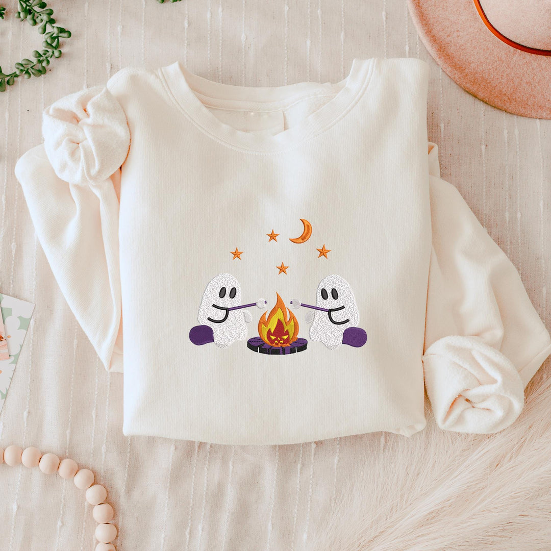 Embroidered Camping Ghost Sweatshirt, Embroidered Ghost Sweatshirt, Halloween Sweatshirt, Funny Fall Sweatshirt CAGO-120-C