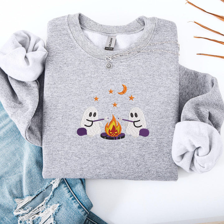 Embroidered Camping Ghost Sweatshirt, Embroidered Ghost Sweatshirt, Halloween Sweatshirt, Funny Fall Sweatshirt CAGO-120-C