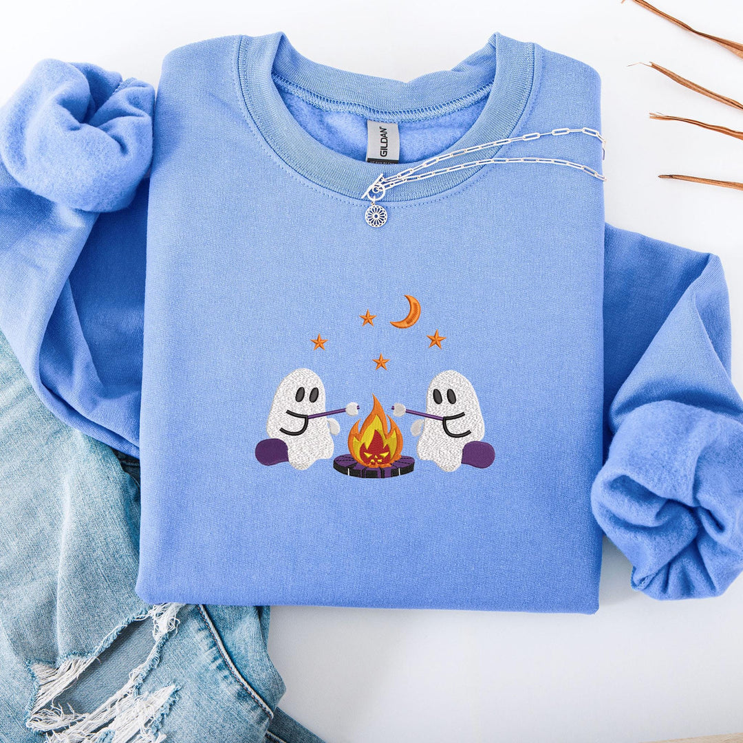 Embroidered Camping Ghost Sweatshirt, Embroidered Ghost Sweatshirt, Halloween Sweatshirt, Funny Fall Sweatshirt CAGO-120-C