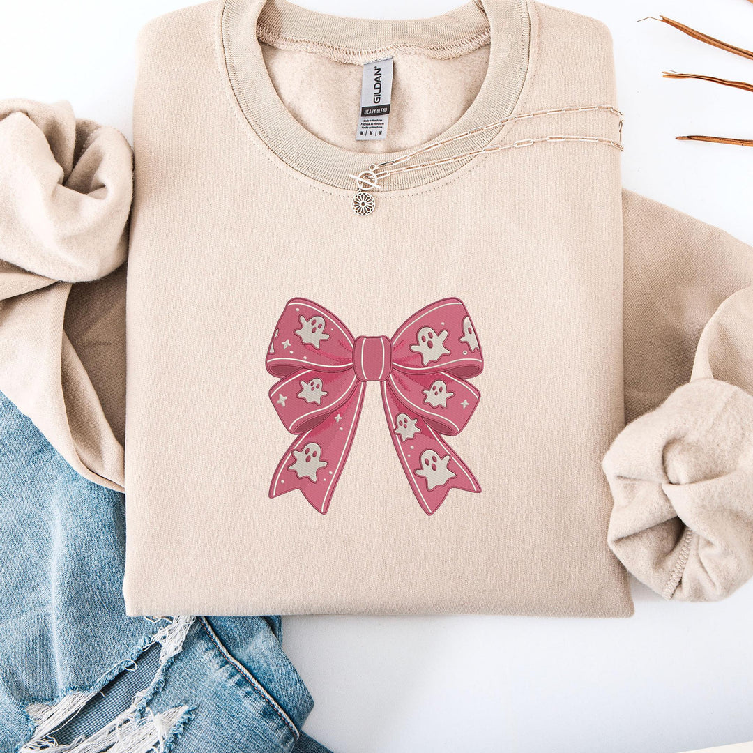 Embroidered Coquette Ghost Ribbon Sweatshirt, Embroidered Ghost Sweatshirt, Halloween Sweatshirt, Funny Fall Sweatshirt, BOGO-196-C
