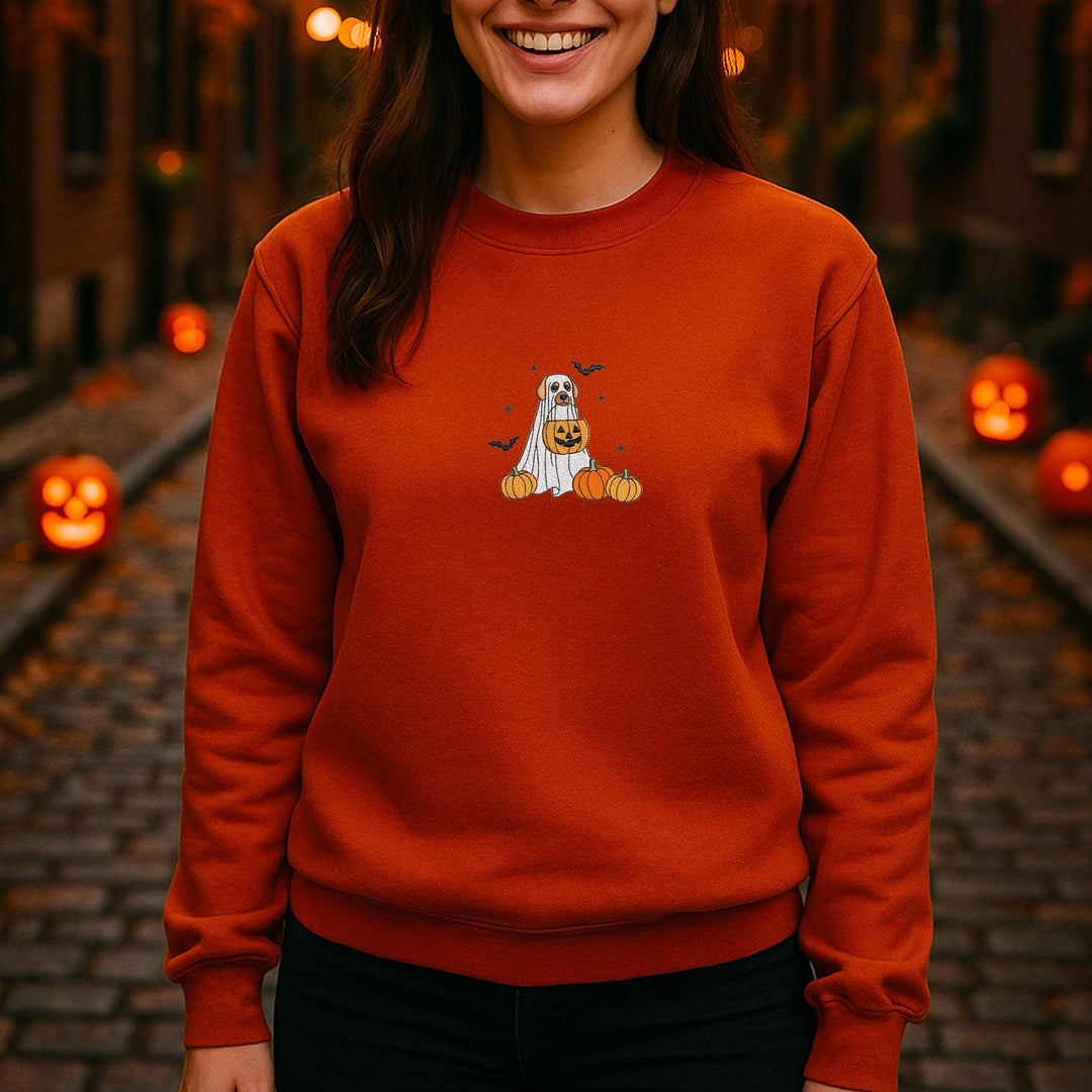 Embroidered Spooky Dog Sweatshirt, Embroidered Trick or Treat Dog Sweatshirt, Halloween Sweatshirt, Funny Fall Sweatshirt DOGH-97-C