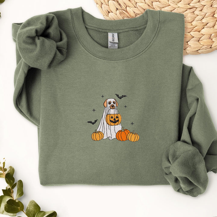 Embroidered Spooky Dog Sweatshirt, Embroidered Trick or Treat Dog Sweatshirt, Halloween Sweatshirt, Funny Fall Sweatshirt DOGH-97-C