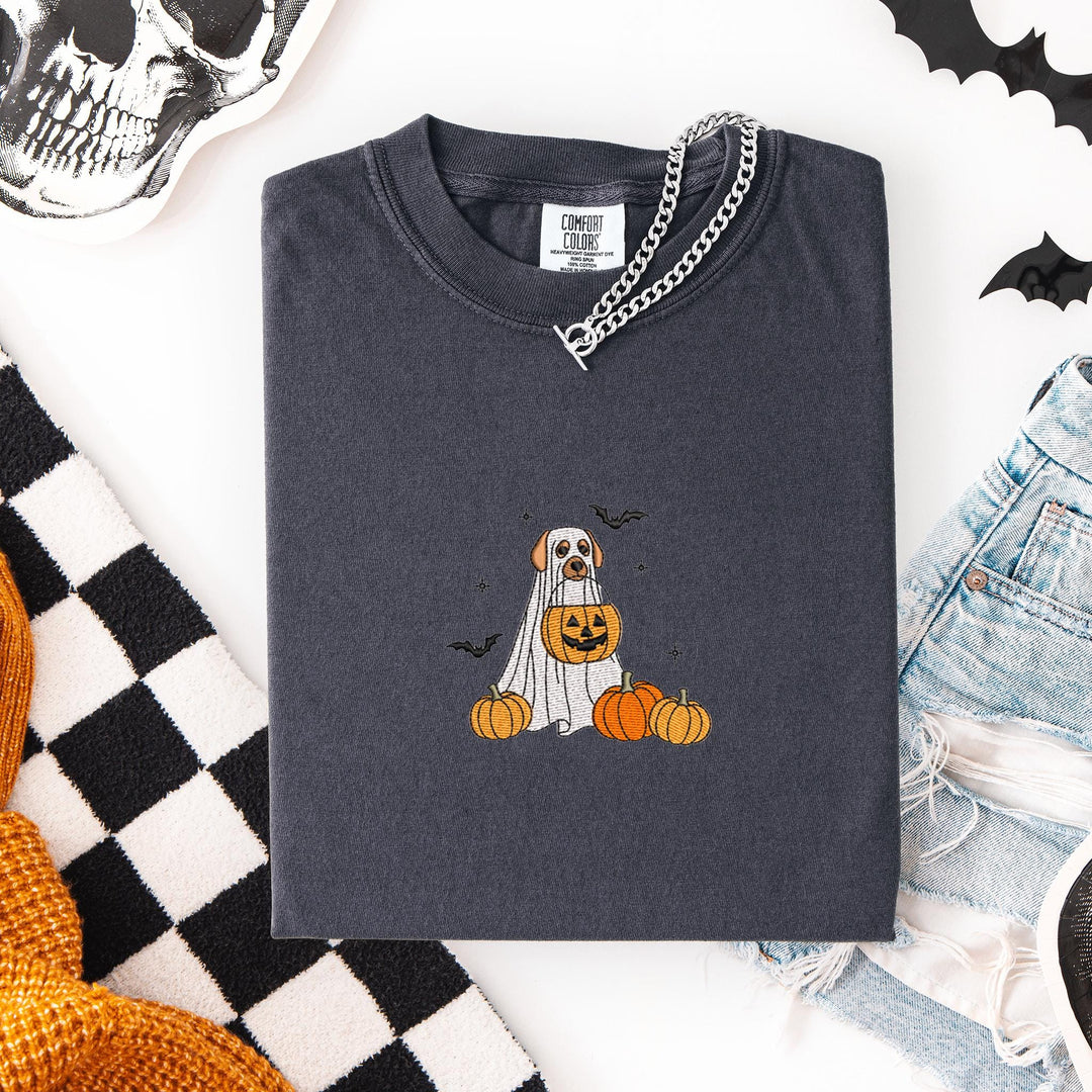 Embroidered Spooky Dog Comfort Colors T-shirt, Halloween T-shirt, Trendy Fall T-shirt, Halloween Tee Cute Fall Dog Halloween JUP-196-C