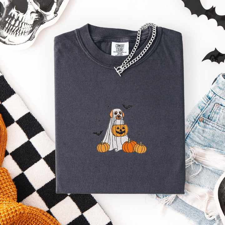 Embroidered Spooky Dog Comfort Colors T-shirt, Halloween T-shirt, Trendy Fall T-shirt, Halloween Tee Cute Fall Dog Halloween JUP-196-C