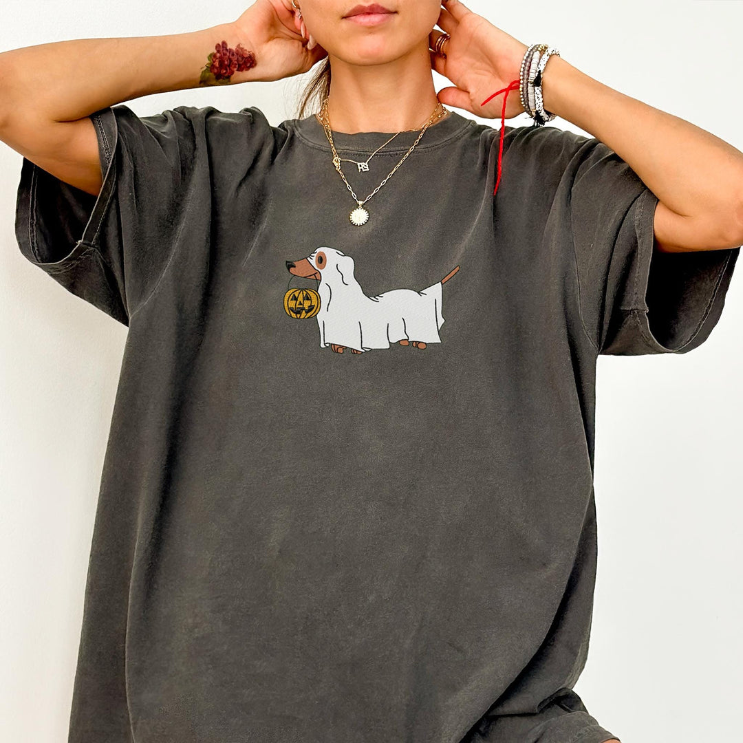 Embroidered Dachshund Ghost Comfort Colors T-shirt, Halloween T-shirt, Trendy Fall T-shirt, Halloween Tee Cute Fall Dog Halloween DAC-97-C