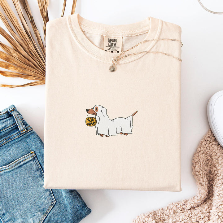 Embroidered Dachshund Ghost Comfort Colors T-shirt, Halloween T-shirt, Trendy Fall T-shirt, Halloween Tee Cute Fall Dog Halloween DAC-97-C