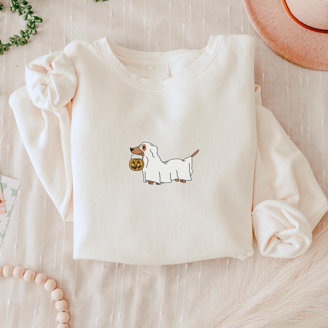 Embroidered Dachshund Dog Sweatshirt, Embroidered Trick or Treat Dog Sweatshirt, Halloween Sweatshirt, Funny Fall Sweatshirt DAC-97-C