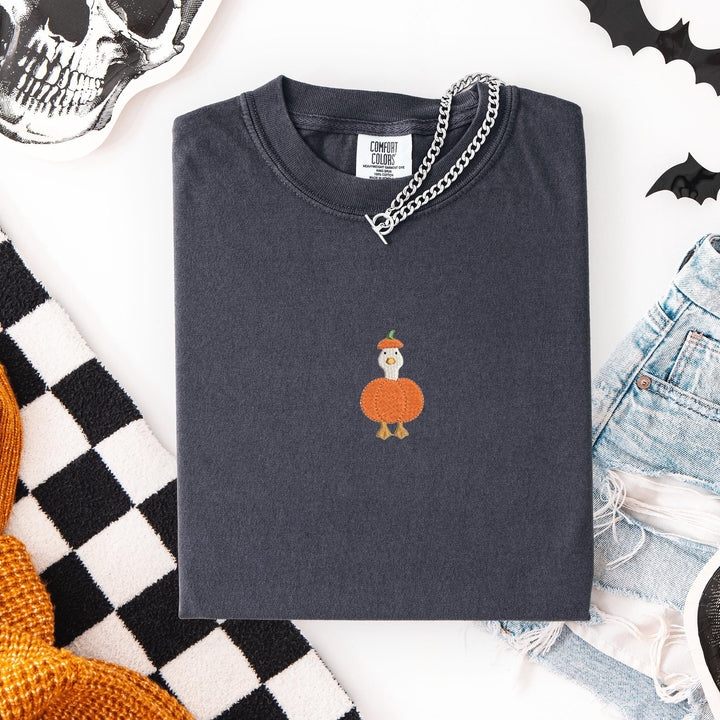 Embroidered Spooky Goose Comfort Colors T-shirt, Halloween T-shirt, Trendy Fall T-shirt, Halloween Tee Cute Fall Goose Halloween PUGO-97-C