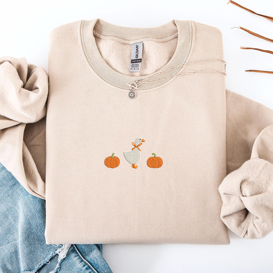 Embroidered Pumpkin Goose Sweatshirt, Embroidered Goose Sweatshirt, Halloween Sweatshirt, Funny Fall Sweatshirt MGO-97-C