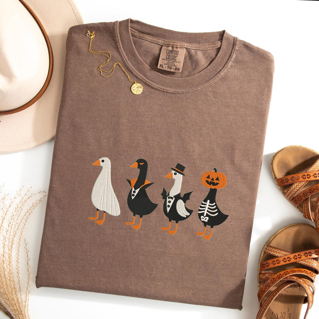 Embroidered Spooky Goose Comfort Colors T-shirt, Halloween T-shirt, Trendy Fall T-shirt, Halloween Tee Cute Fall Goose Halloween RDUT-120-C