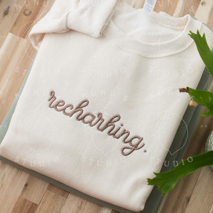 Embroidered Recharging Sweatshirt, Funny Relatable Mental Health Introvert Crewneck