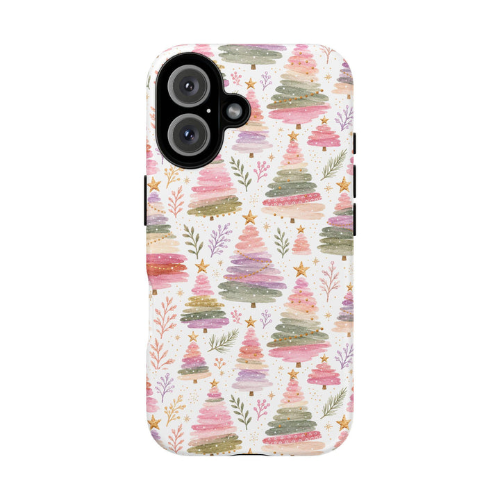 Pastel Watercolor Christmas Tree Tough iPhone Case, Pink Lavender Holiday Phone Cover, Matte or Glossy