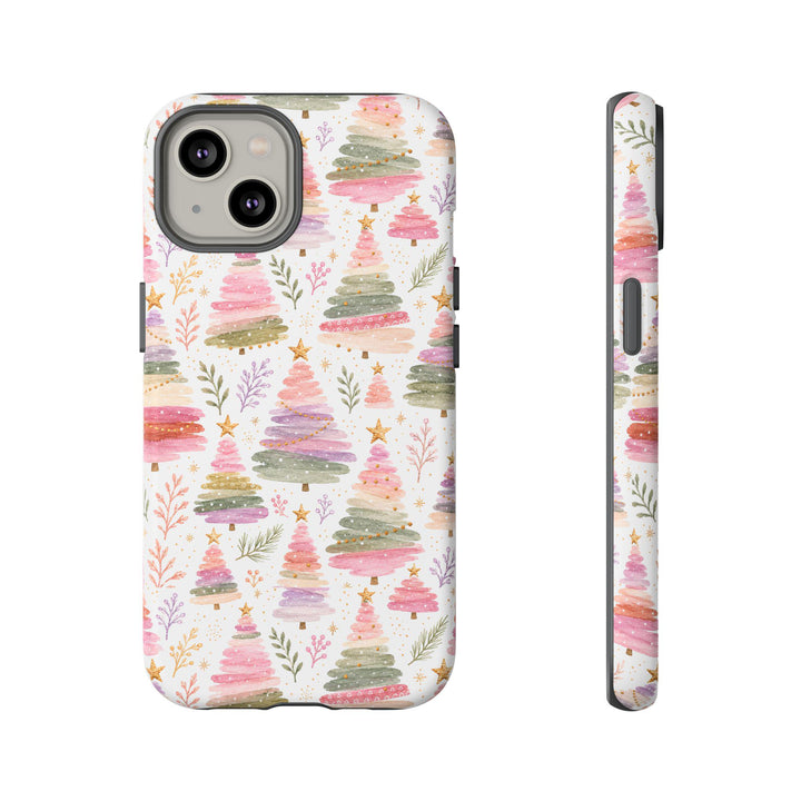 Pastel Watercolor Christmas Tree Tough iPhone Case, Pink Lavender Holiday Phone Cover, Matte or Glossy