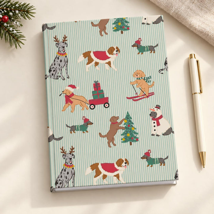 Christmas Dogs Hardcover Notebook, Green Stripe Holiday Lined Journal, Festive Dog Lover Stationery Gift
