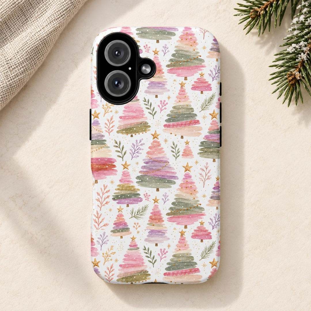 Pastel Watercolor Christmas Tree Tough iPhone Case, Pink Lavender Holiday Phone Cover, Matte or Glossy