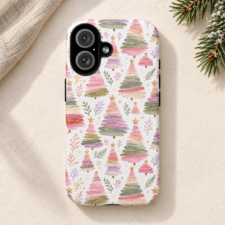 Pastel Watercolor Christmas Tree Tough iPhone Case, Pink Lavender Holiday Phone Cover, Matte or Glossy