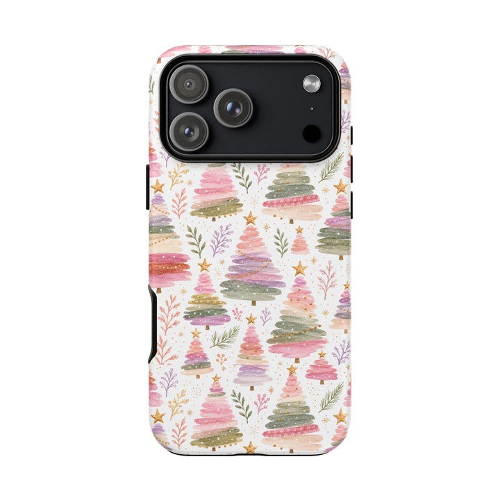 Pastel Watercolor Christmas Tree Tough iPhone Case, Pink Lavender Holiday Phone Cover, Matte or Glossy