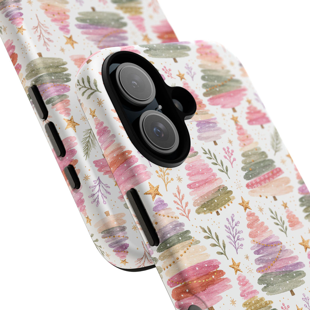 Pastel Watercolor Christmas Tree Tough iPhone Case, Pink Lavender Holiday Phone Cover, Matte or Glossy
