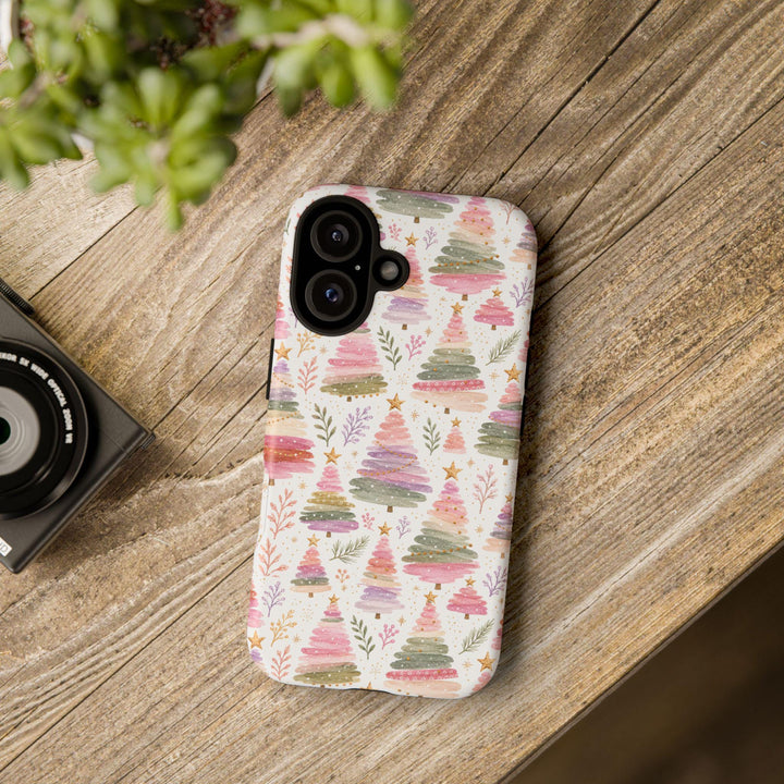 Pastel Watercolor Christmas Tree Tough iPhone Case, Pink Lavender Holiday Phone Cover, Matte or Glossy