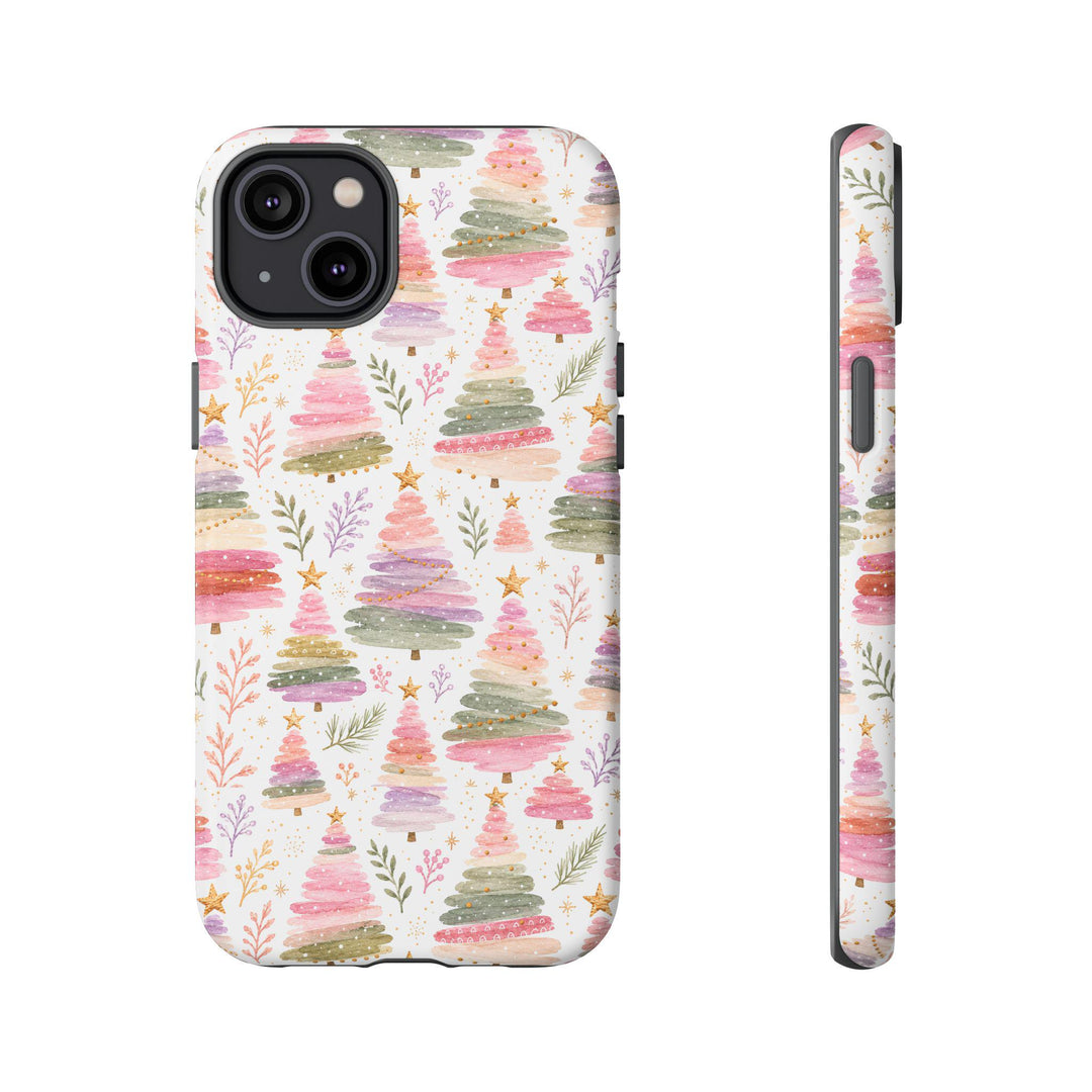 Pastel Watercolor Christmas Tree Tough iPhone Case, Pink Lavender Holiday Phone Cover, Matte or Glossy