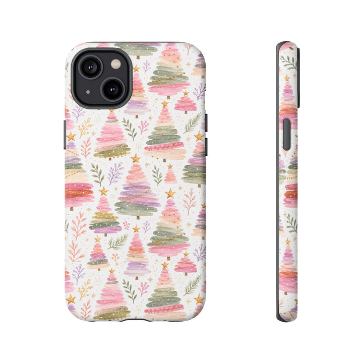 Pastel Watercolor Christmas Tree Tough iPhone Case, Pink Lavender Holiday Phone Cover, Matte or Glossy