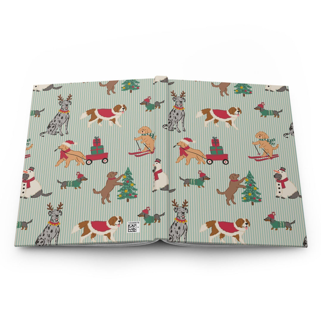 Christmas Dogs Hardcover Notebook, Green Stripe Holiday Lined Journal, Festive Dog Lover Stationery Gift