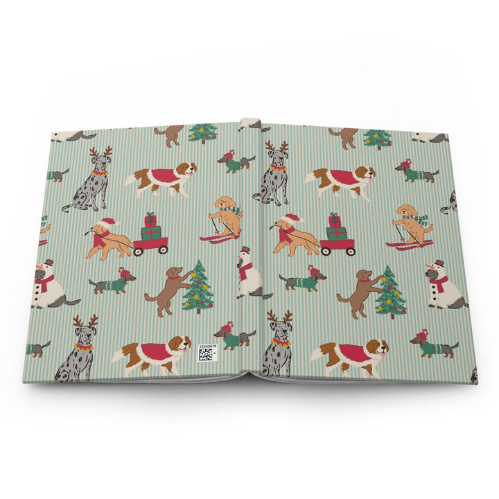 Christmas Dogs Hardcover Notebook, Green Stripe Holiday Lined Journal, Festive Dog Lover Stationery Gift