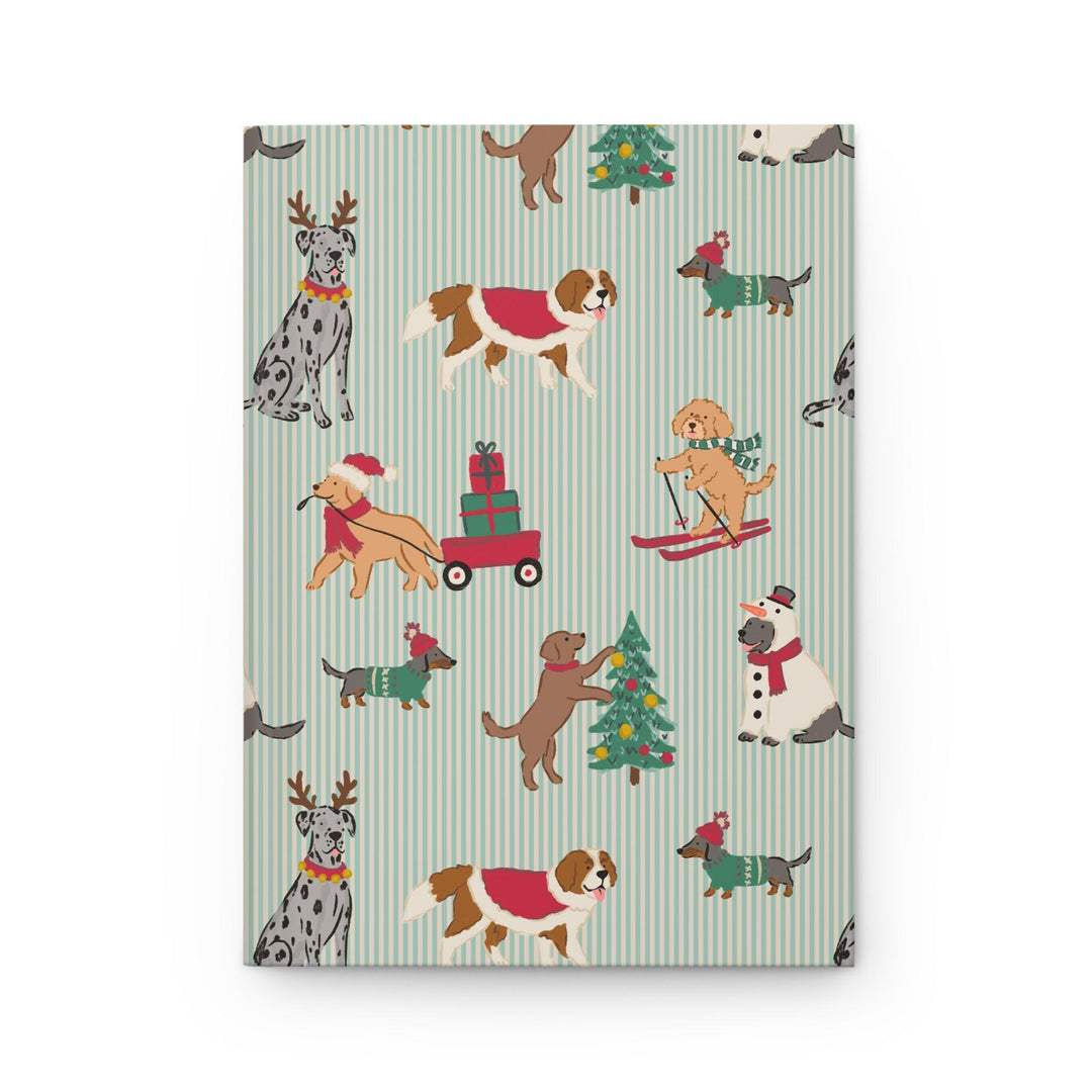 Christmas Dogs Hardcover Notebook, Green Stripe Holiday Lined Journal, Festive Dog Lover Stationery Gift