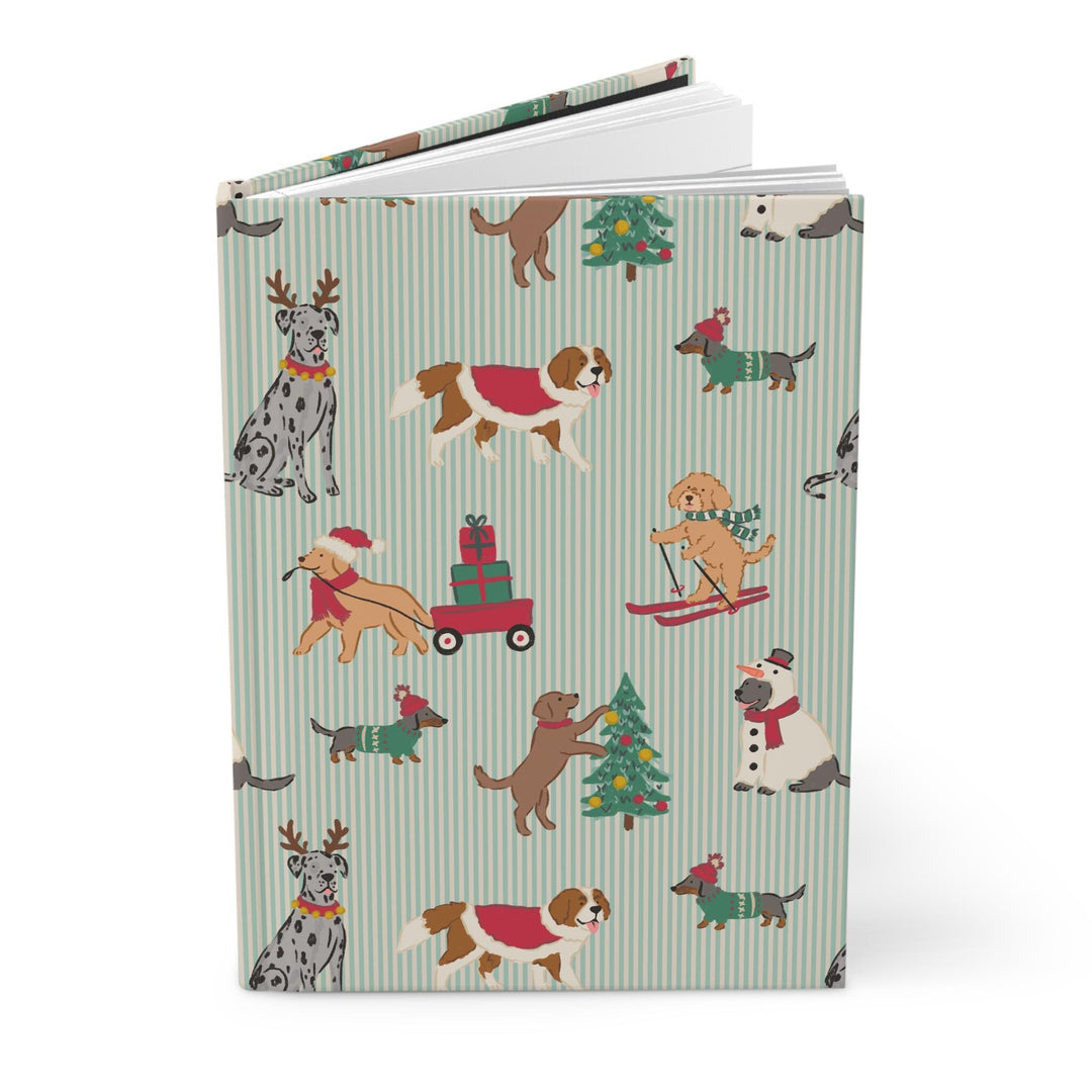 Christmas Dogs Hardcover Notebook, Green Stripe Holiday Lined Journal, Festive Dog Lover Stationery Gift