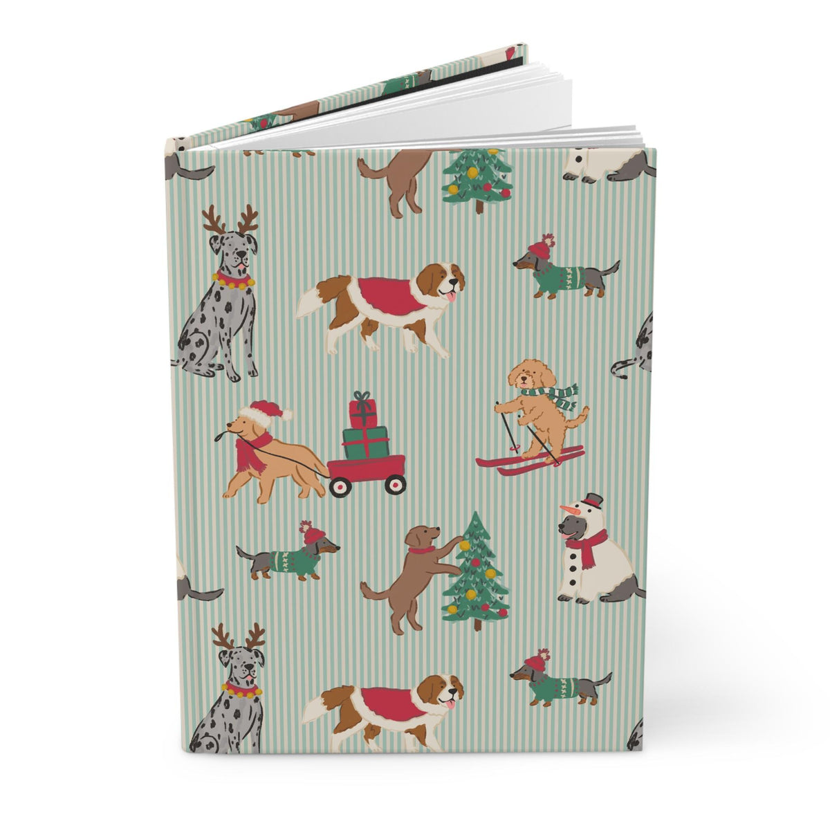 Christmas Dogs Hardcover Notebook, Green Stripe Holiday Lined Journal, Festive Dog Lover Stationery Gift