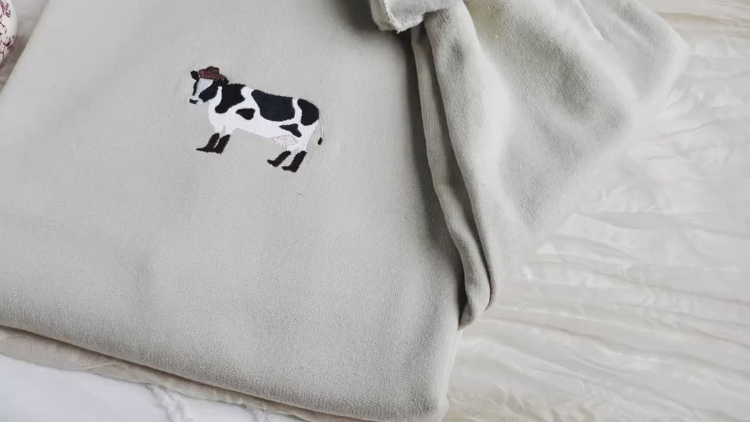 Embroidered Cow in Boots Sweatshirt, Embroidered Cow Heart Sweatshirt, Cute Sweatshirts for Women & Men, Trendy Crewneck, COWINB-C-97