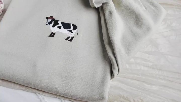Embroidered Cow in Boots Sweatshirt, Embroidered Cow Heart Sweatshirt, Cute Sweatshirts for Women & Men, Trendy Crewneck, COWINB-C-97