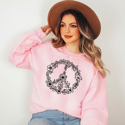 pink floral sweatshirt for women with peace sign