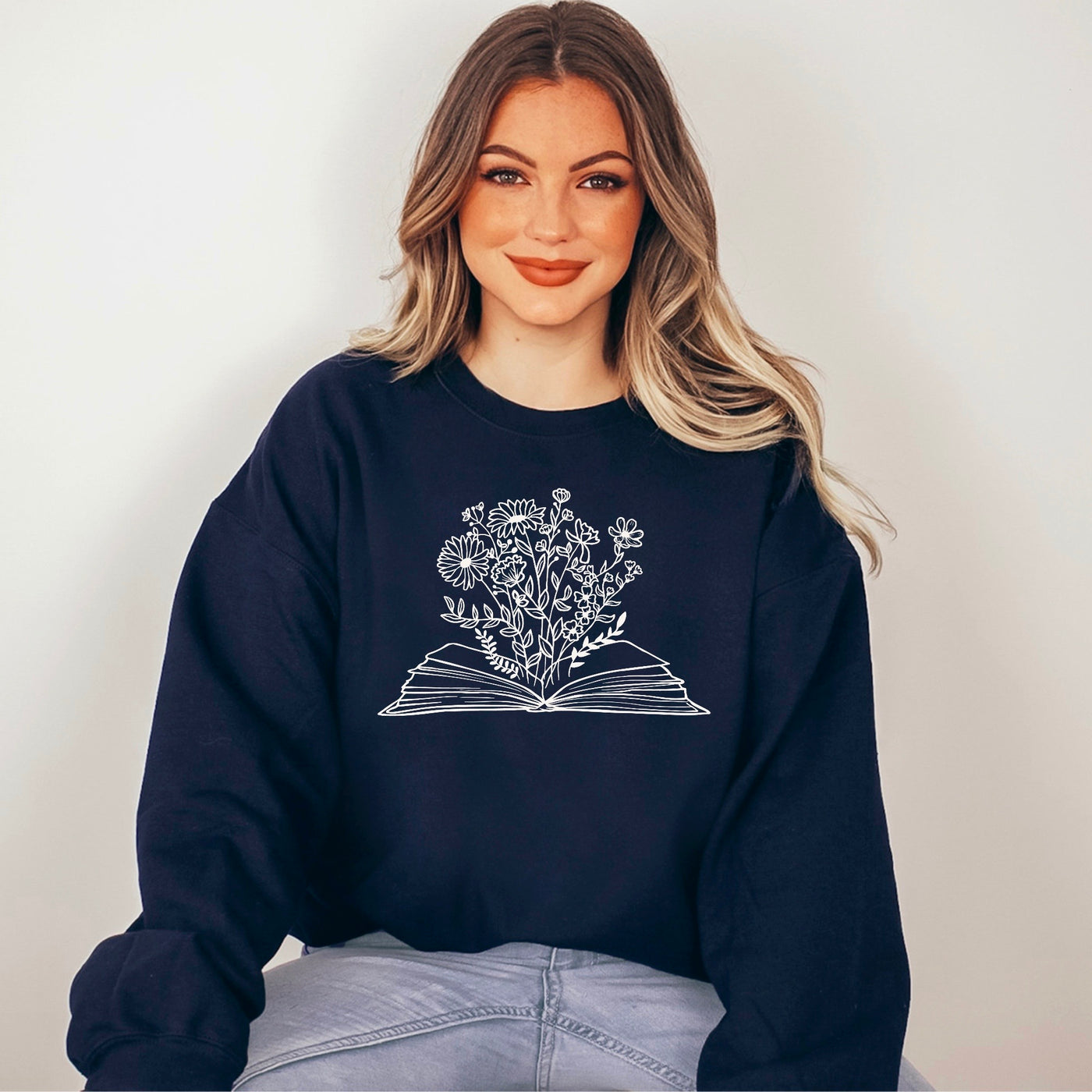 navy floral book sweatshirt