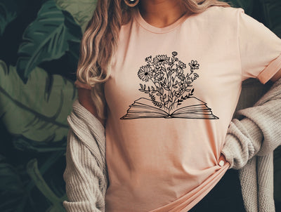 peach floral book t-shirt