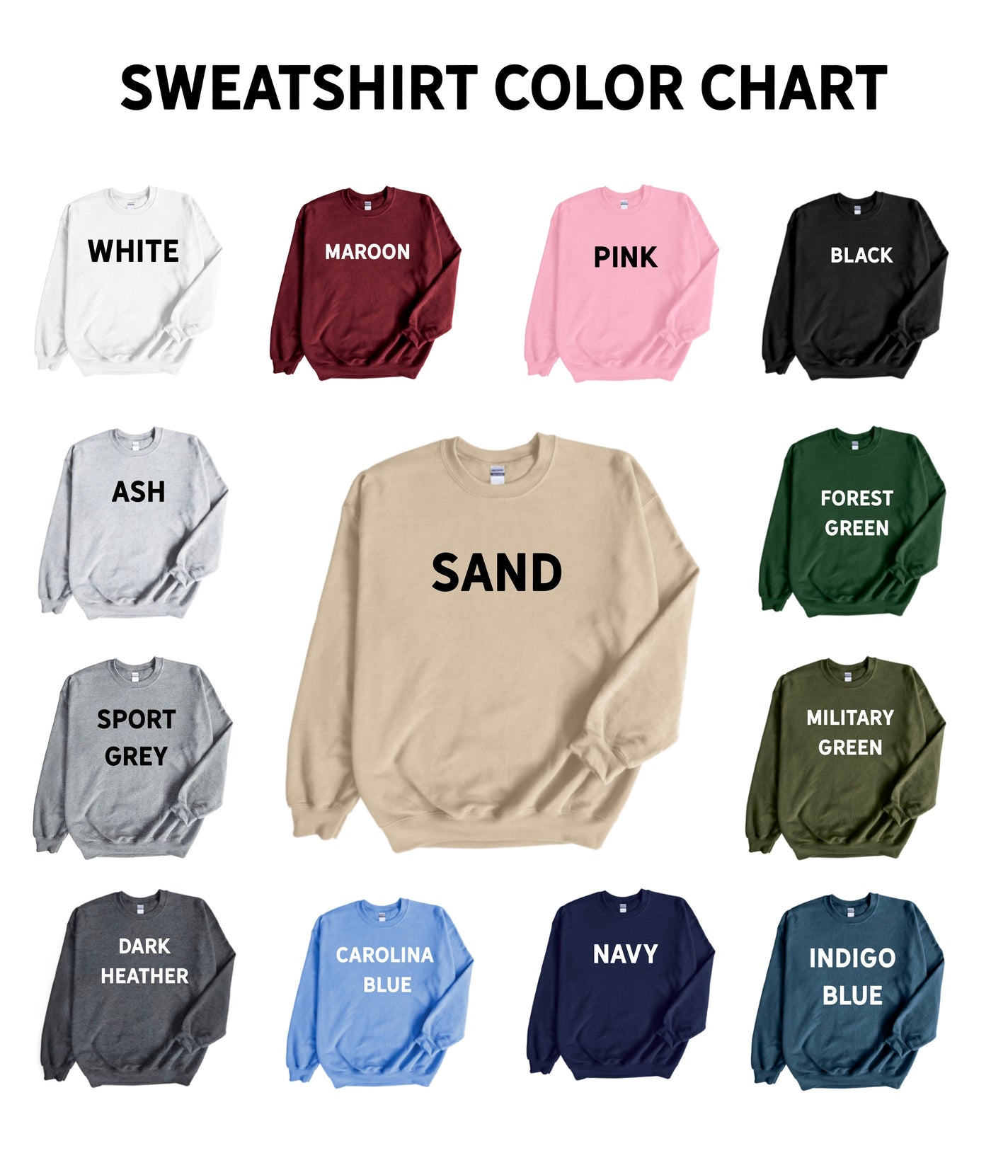 bridesmaid sweatshirt color chart